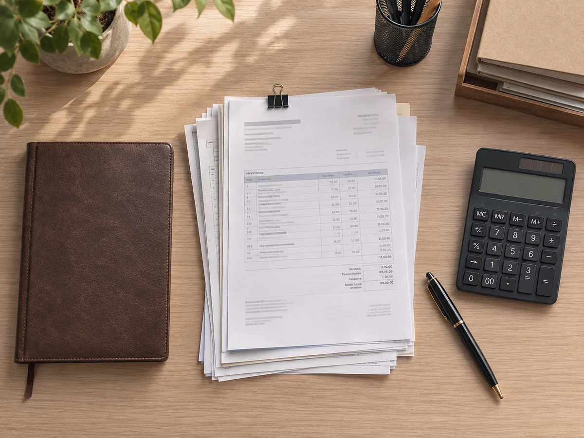 Documents comptables et calculatrice sur un plan de travail clair.
