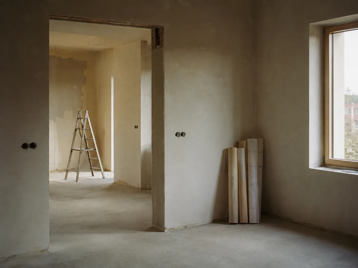 Chantier de rénovation en fin de travaux, murs enduits et lumière naturelle.