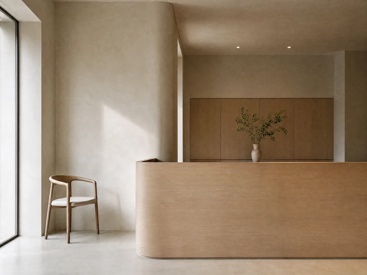 Réception vide d’une clinique esthétique moderne, lumière naturelle.