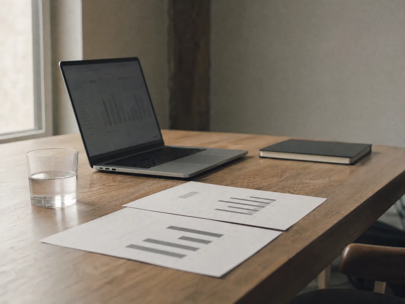 Bureau de travail avec un ordinateur portable et des documents imprimés.